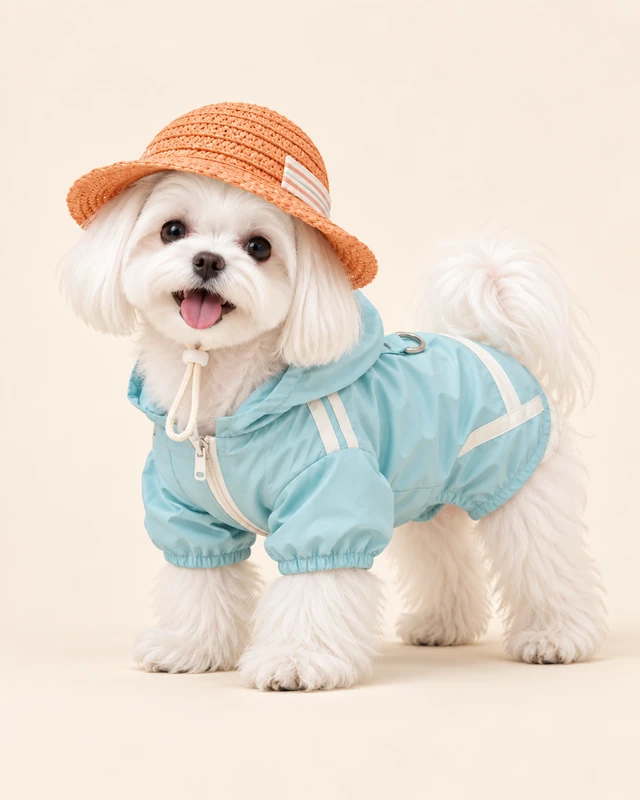 Series illustration of a white dog in a pale blue outer layer and orange hat