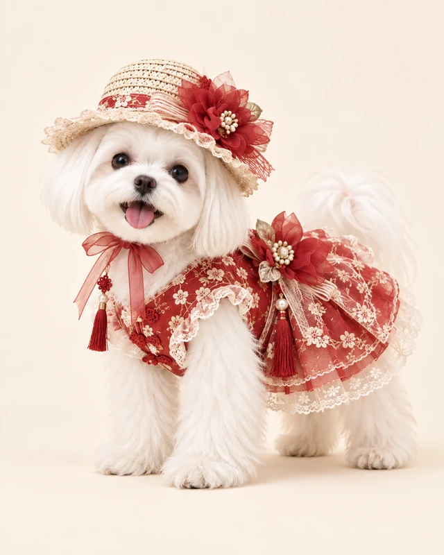 Series illustration of a white dog in a red floral dress and flower-trimmed hat