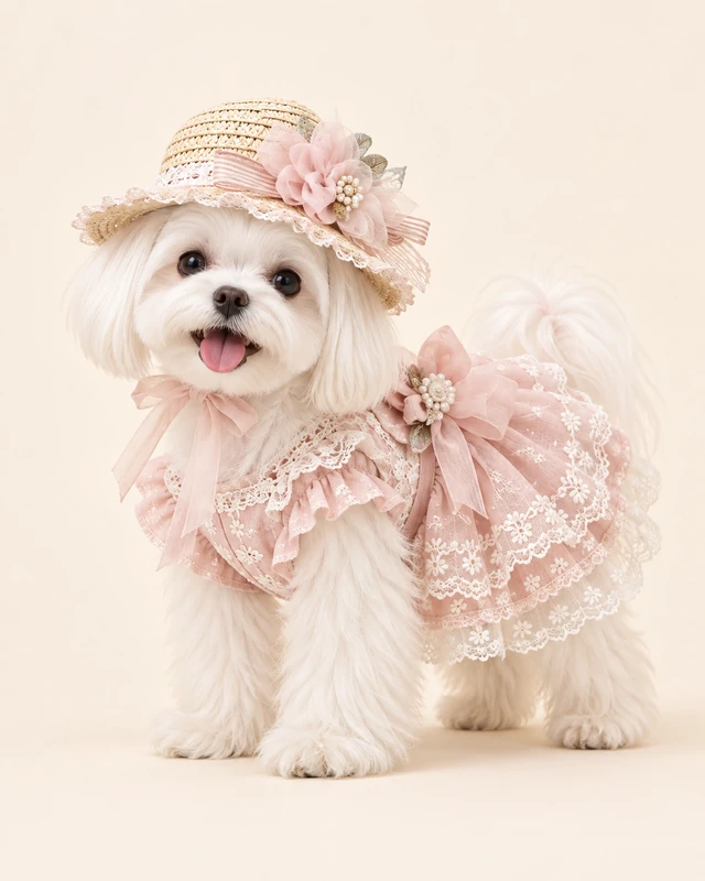 Series illustration of a white dog in a pale pink dress and flower-trimmed hat
