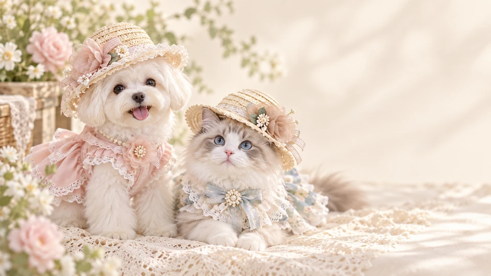 Editorial illustration of a white dog and cat in pale outfits and flower-trimmed hats