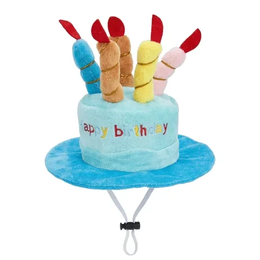 Blue cake-shaped hat with colorful candle decorations