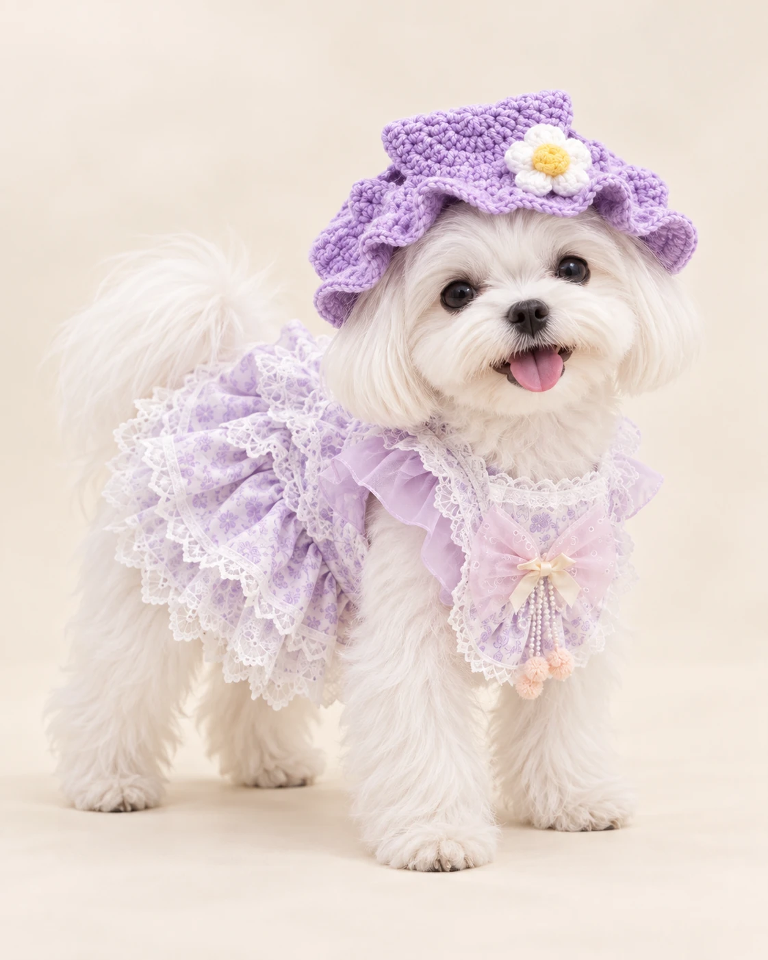White dog in a lavender flower-trimmed hat and purple outfit