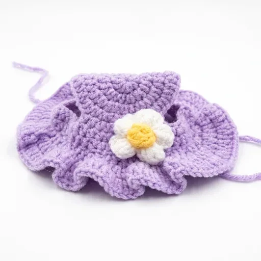 Lavender hat with a white-and-yellow flower
