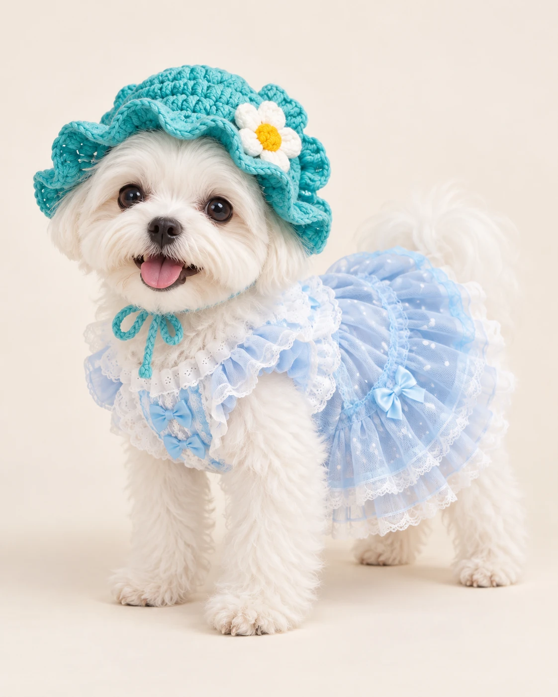 White dog in a teal flower-trimmed hat and blue outfit