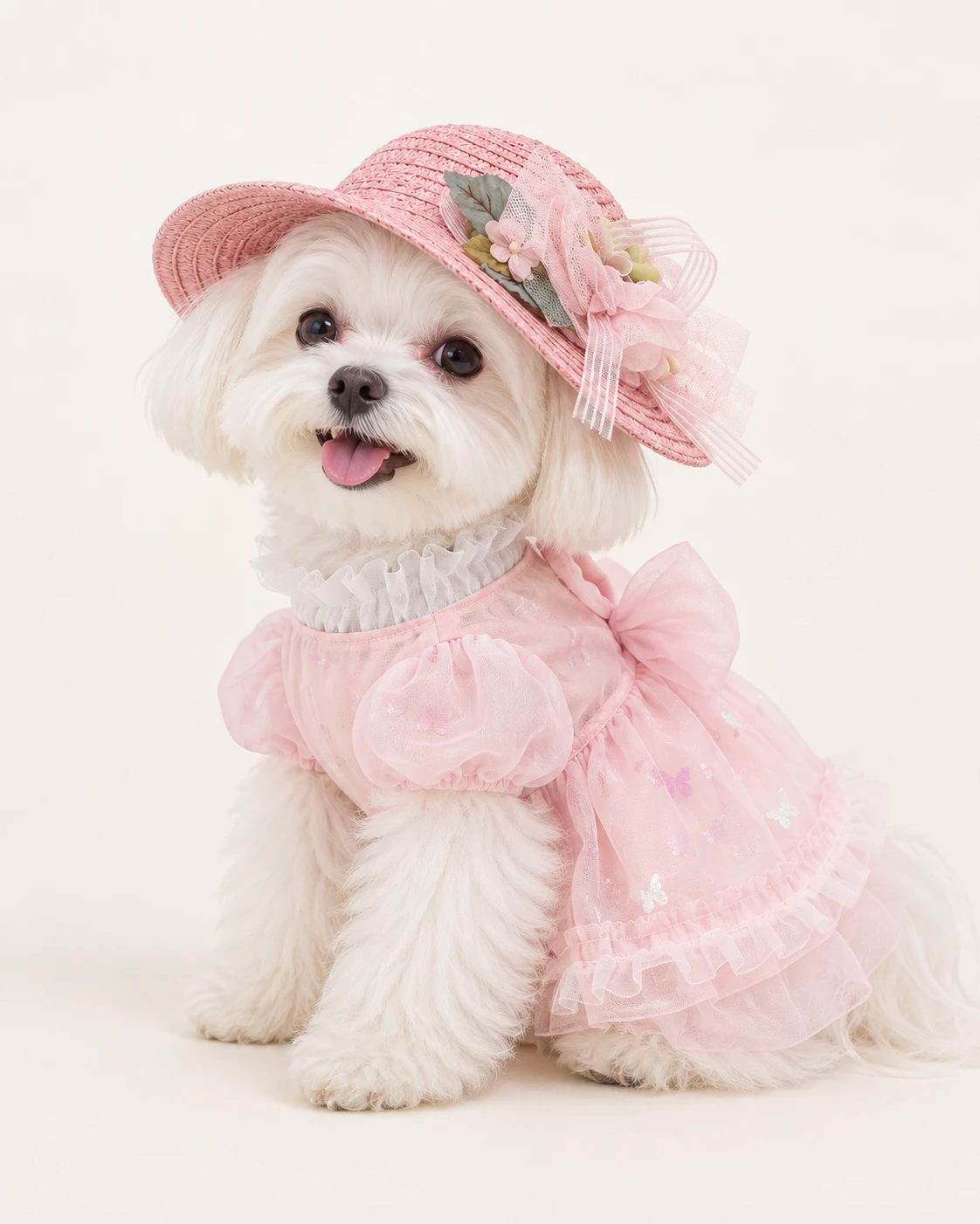 White dog in a pink floral hat and pink outfit