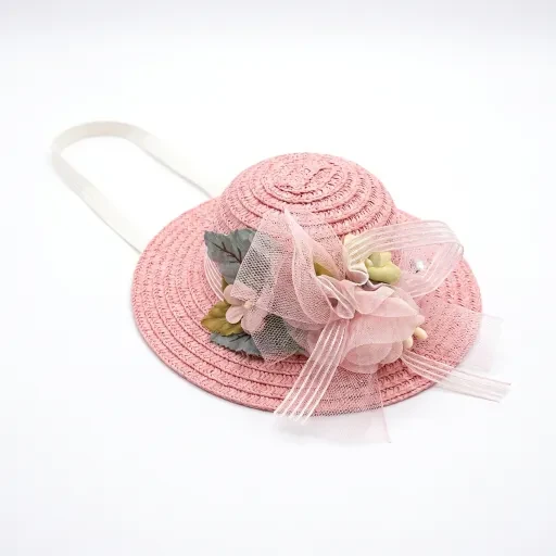 Pink hat with pink flowers and ribbon