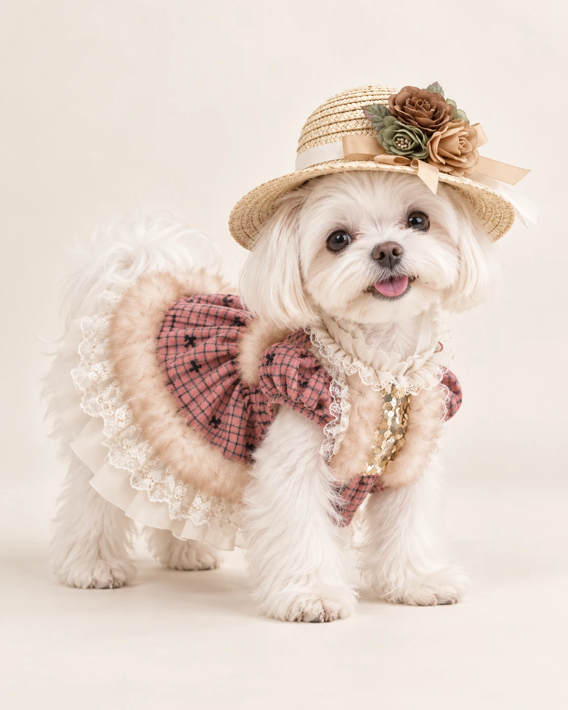 White dog in a brown-flower hat and plaid outfit