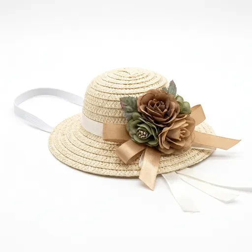 Pale hat with brown-toned flowers and ribbon