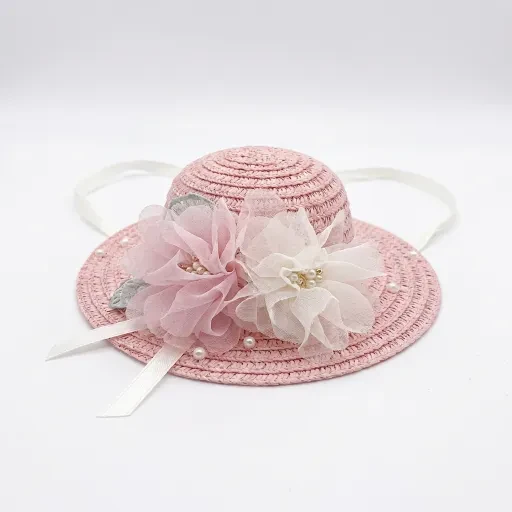 Pink hat with pink and white flowers