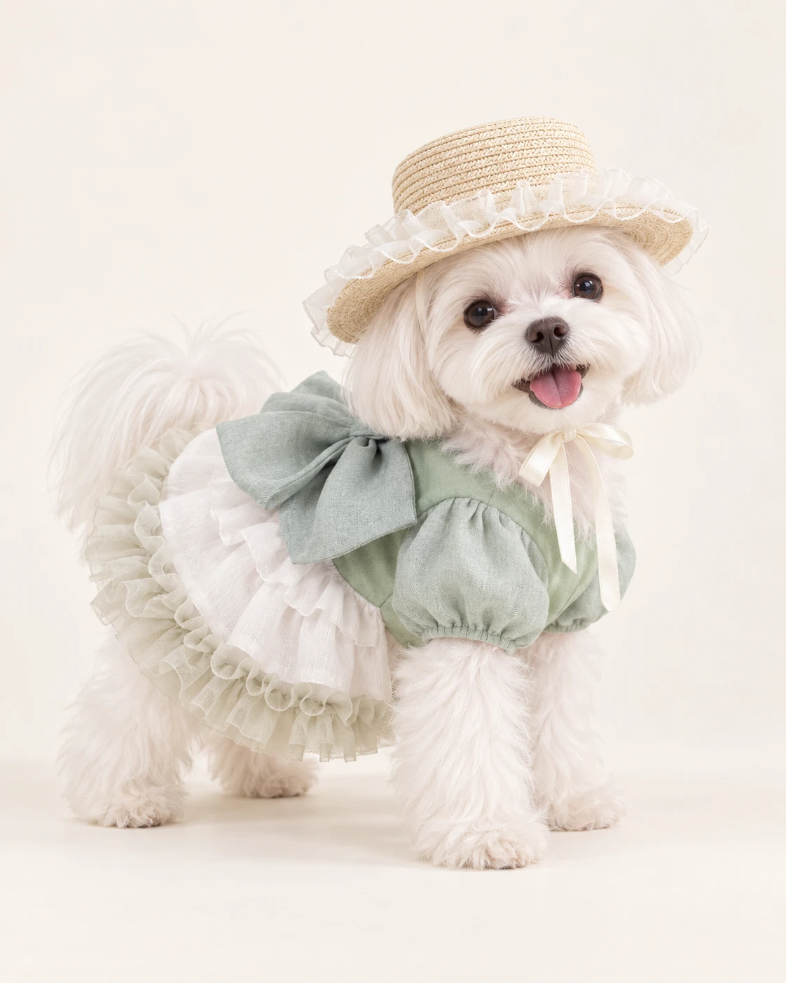 White dog in a frilled hat and green-and-white outfit