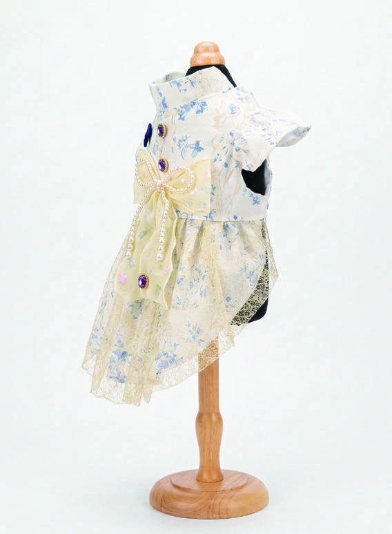 Ivory Floral & Navy Bow Dress, side silhouette