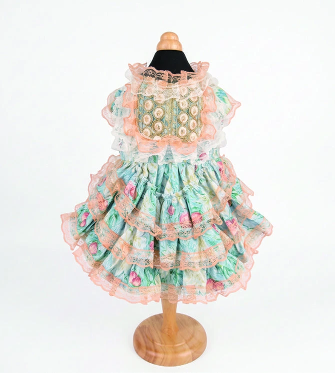 Catalog photograph of mint & peach tiered dress