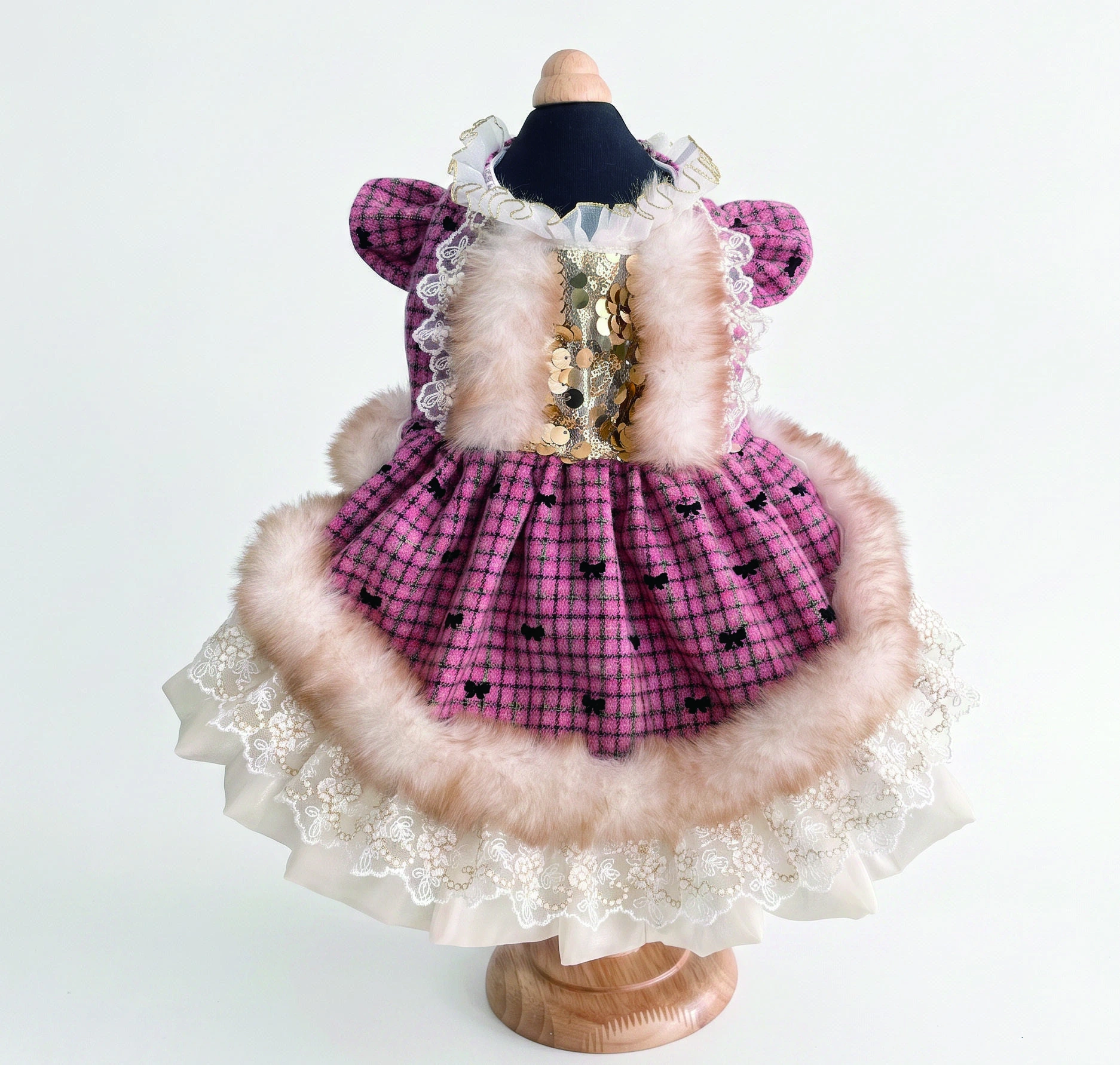 Burgundy Check Lace Dress, overall design view