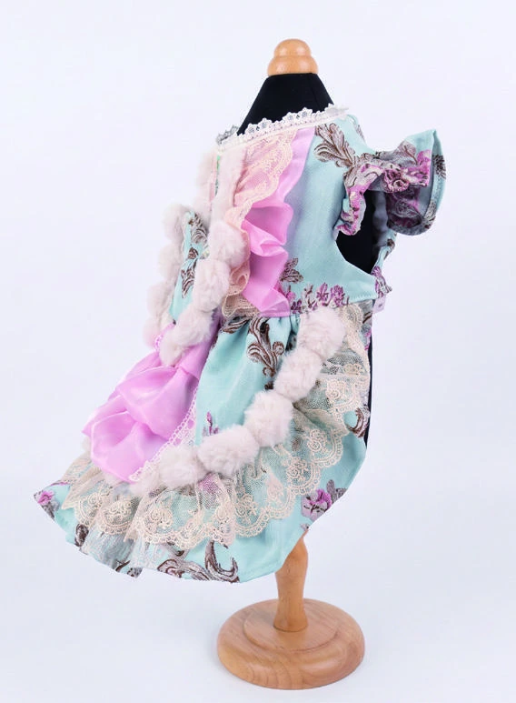 Aqua & Pink Ornamental Frill Dress, side silhouette