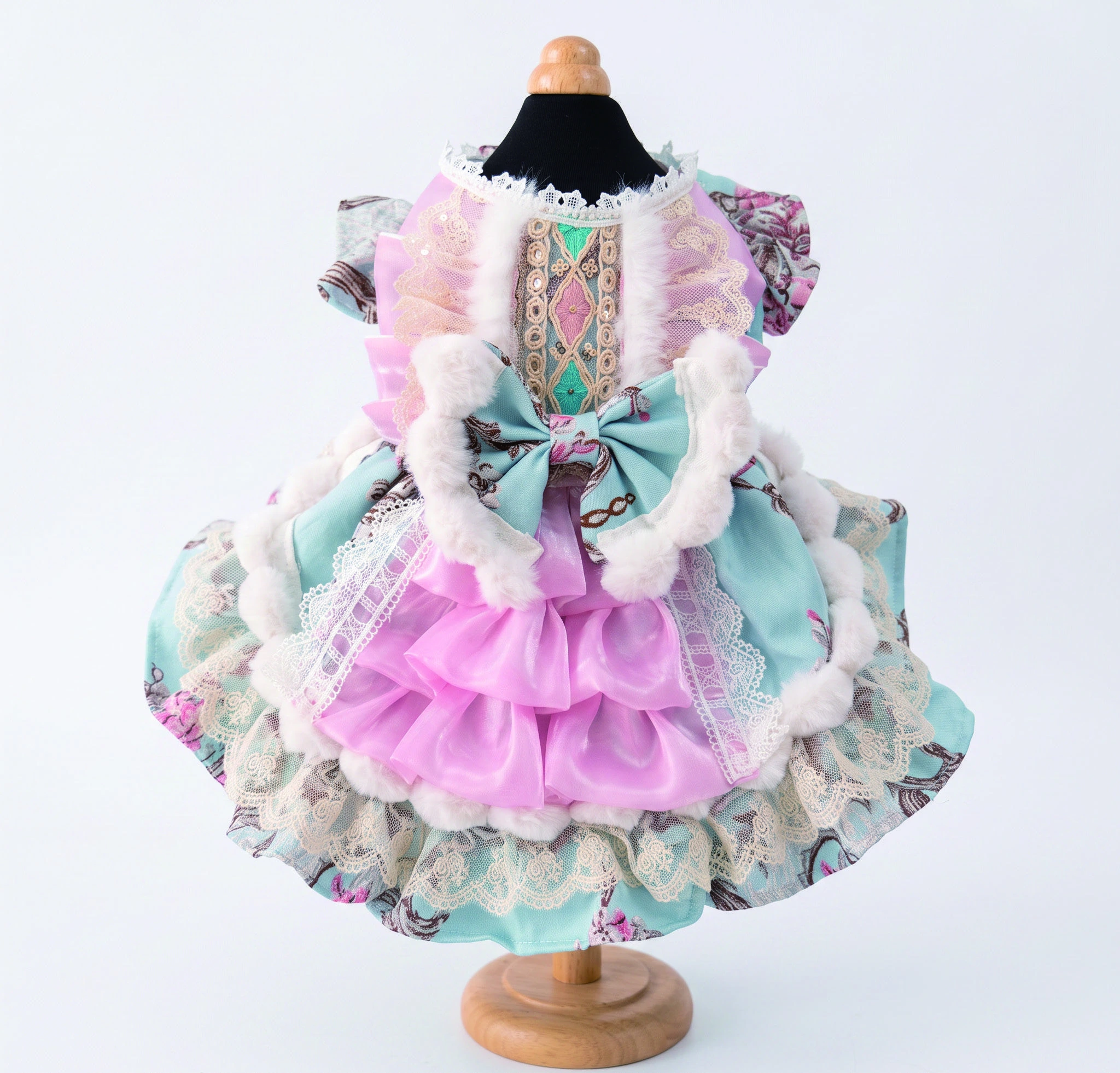 Aqua & Pink Ornamental Frill Dress, overall design view