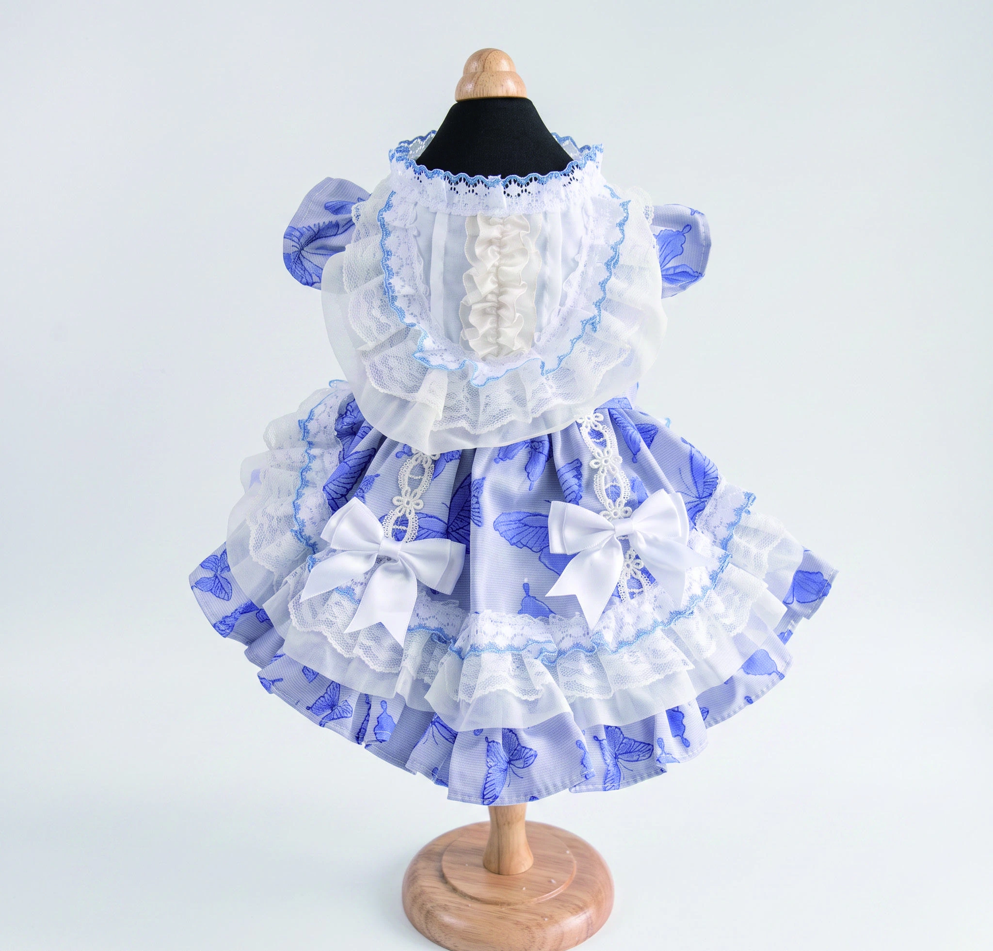 Periwinkle Lace Bib Bow Dress, overall design view