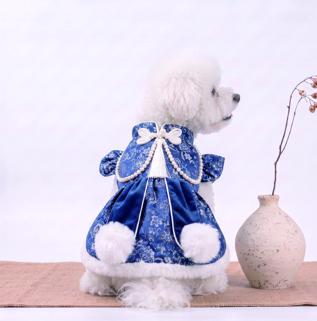 Navy & White Oriental Dress, dog wearing the dress, back view