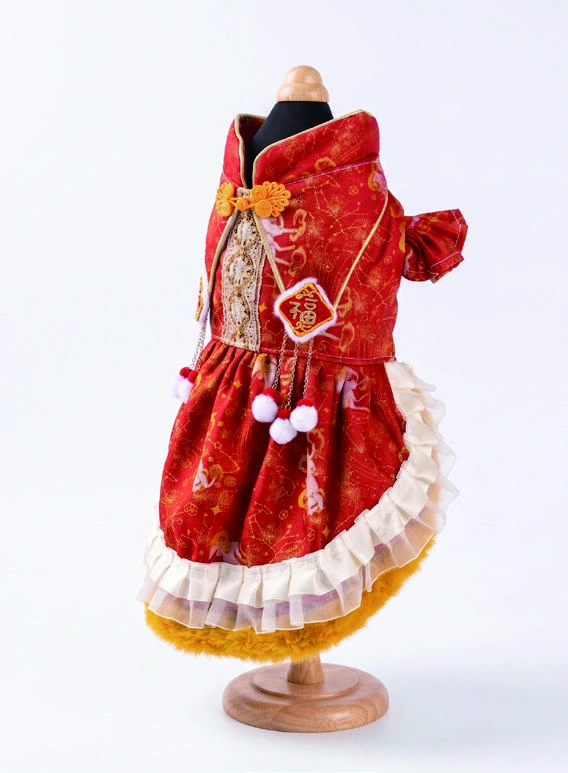 Red Pom-Pom Oriental Dress, side view