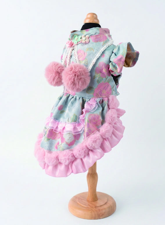 Blue Floral Pink Pom-Pom Dress, side view