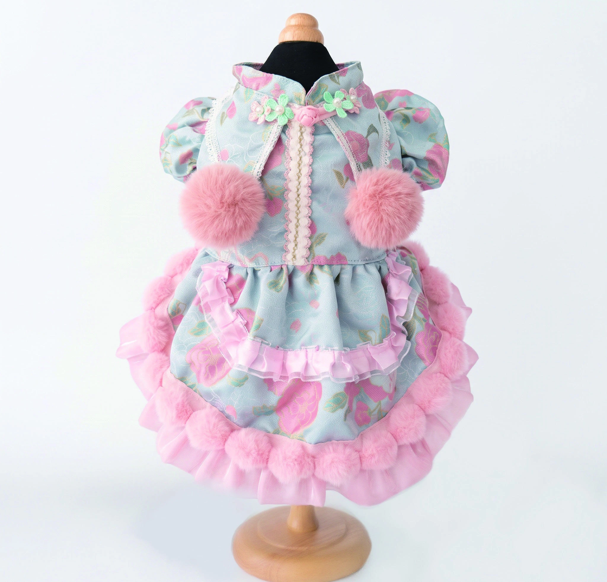 Blue Floral Pink Pom-Pom Dress, overall design view