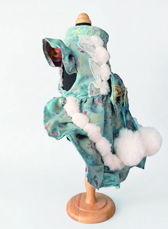 Teal Pom-Pom Bow Dress, side view
