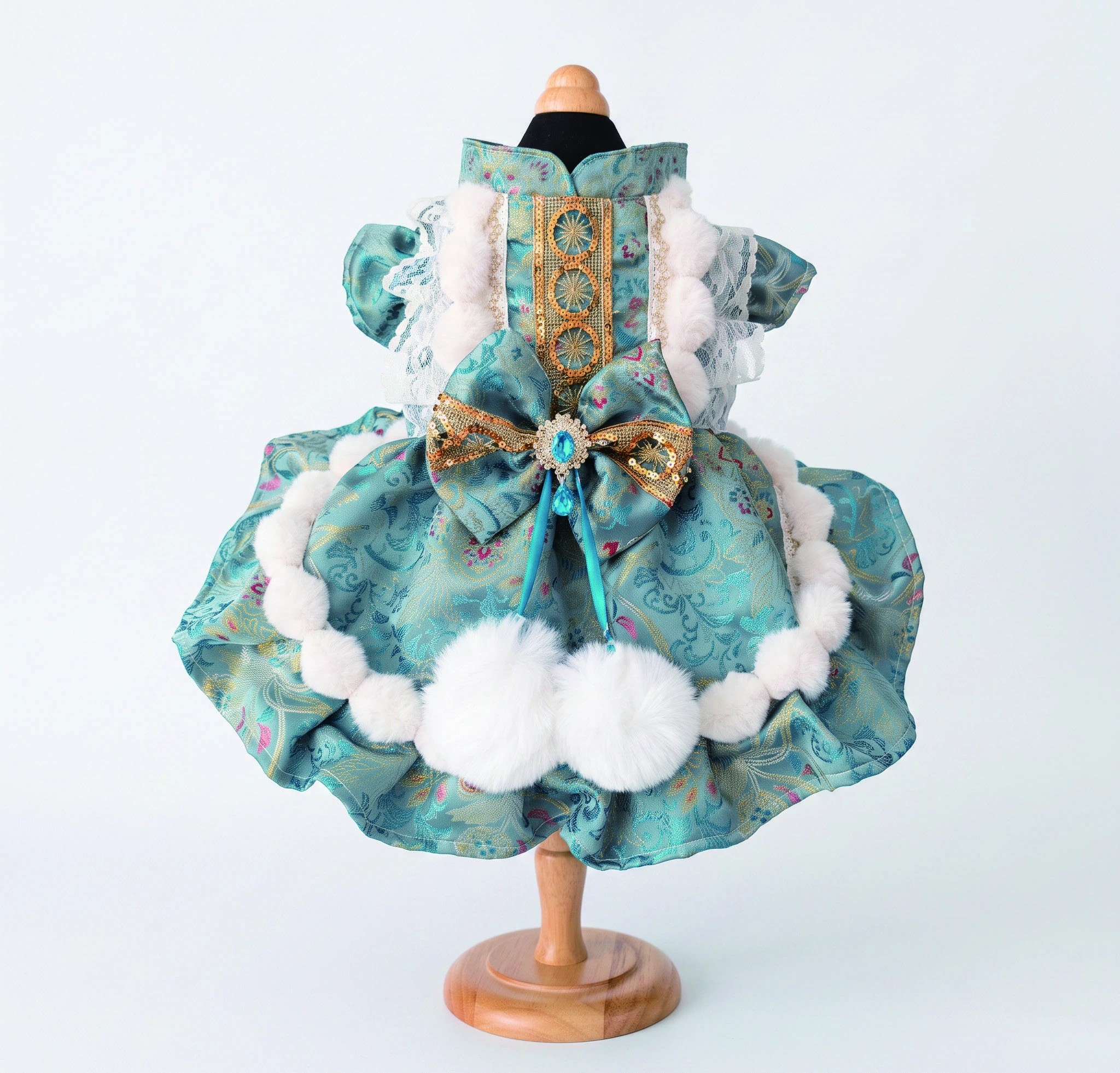 Teal Pom-Pom Bow Dress, overall design view
