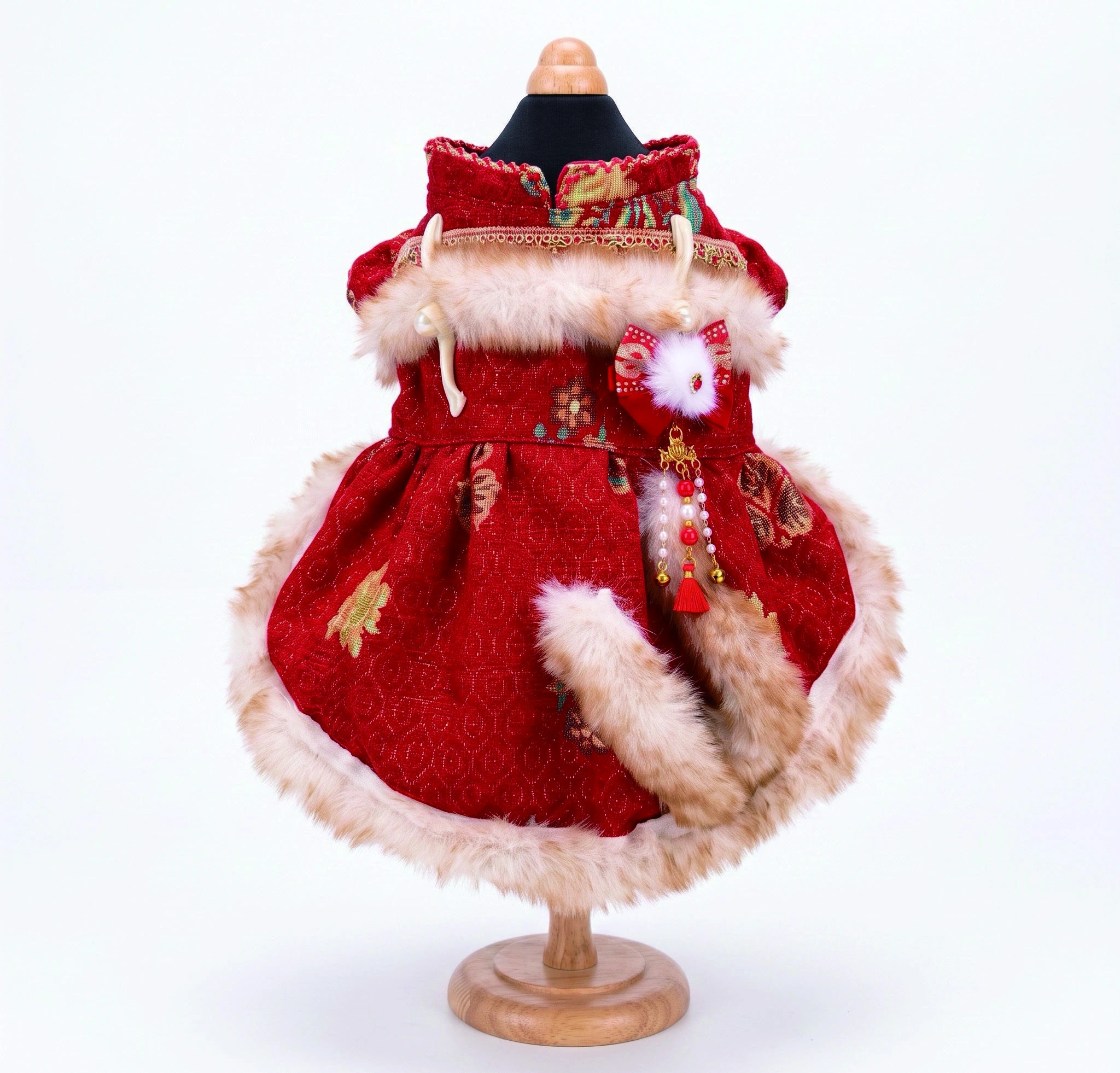 Red & Pale Trim Oriental Dress, overall design view