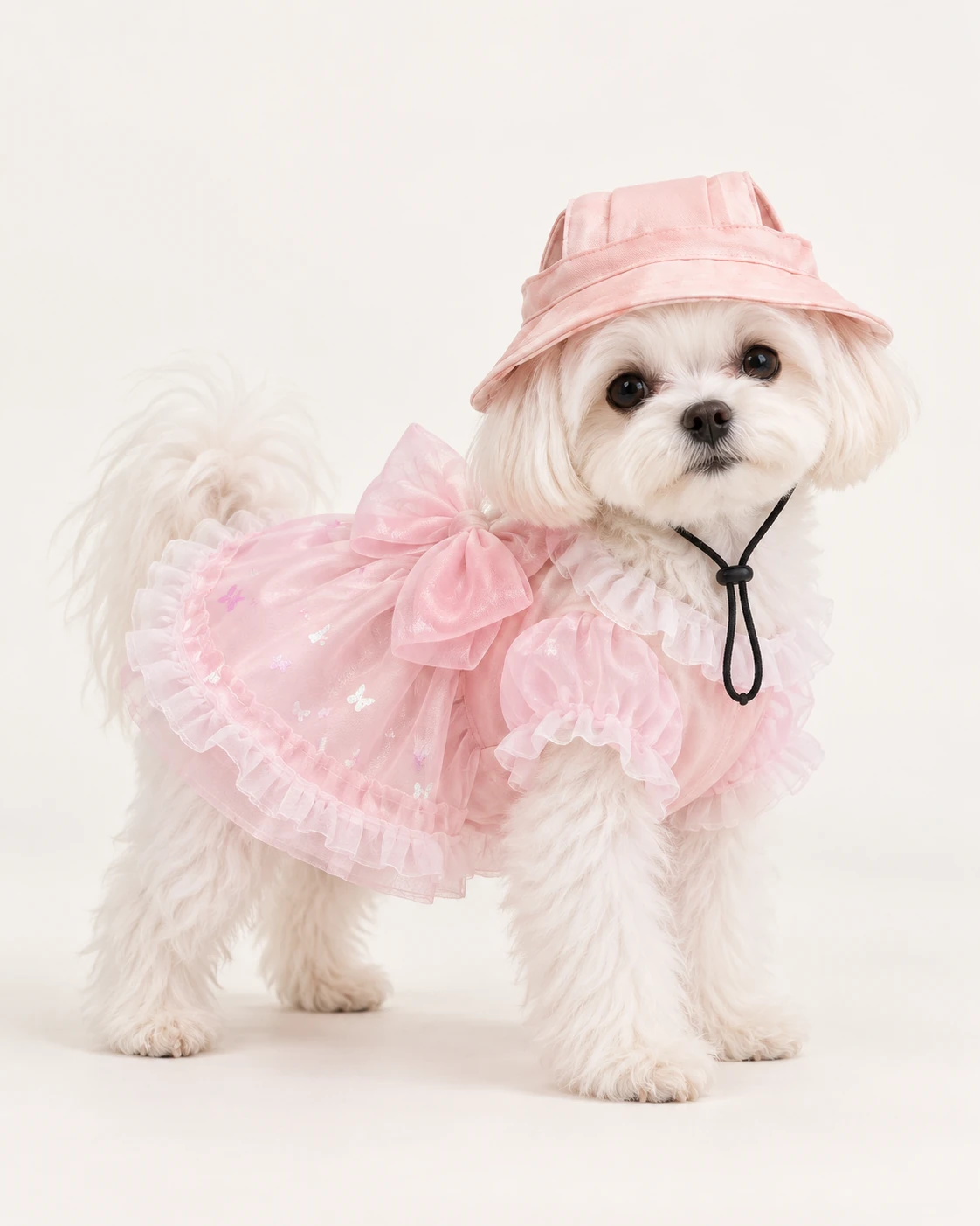 White dog in a pink hat and pink outfit