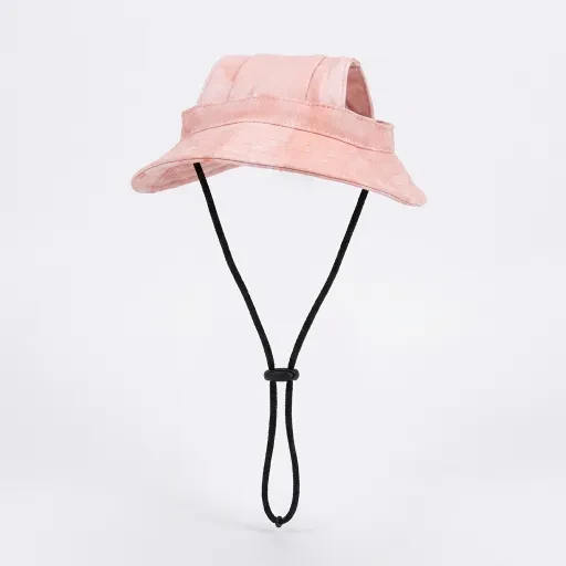 Pink brimmed hat with a black cord