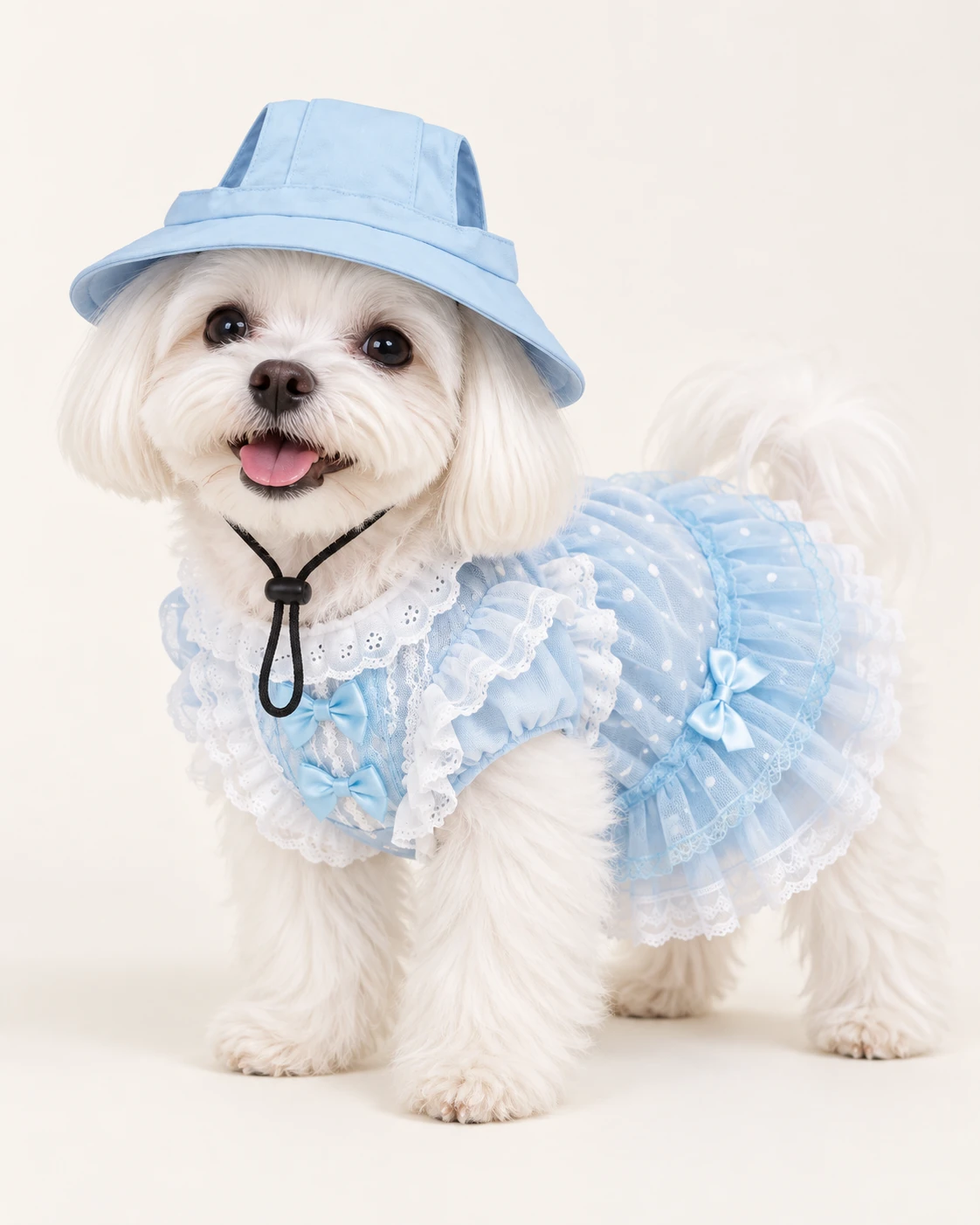 White dog in a blue hat and blue outfit