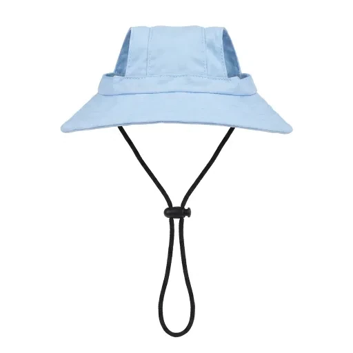 Blue brimmed hat with a black cord