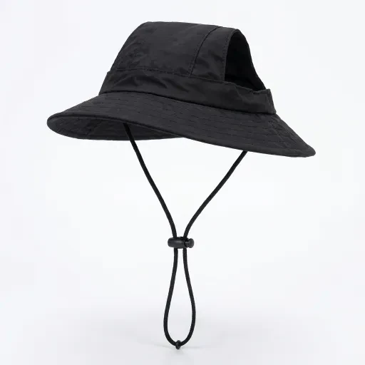 Black brimmed hat with a black cord