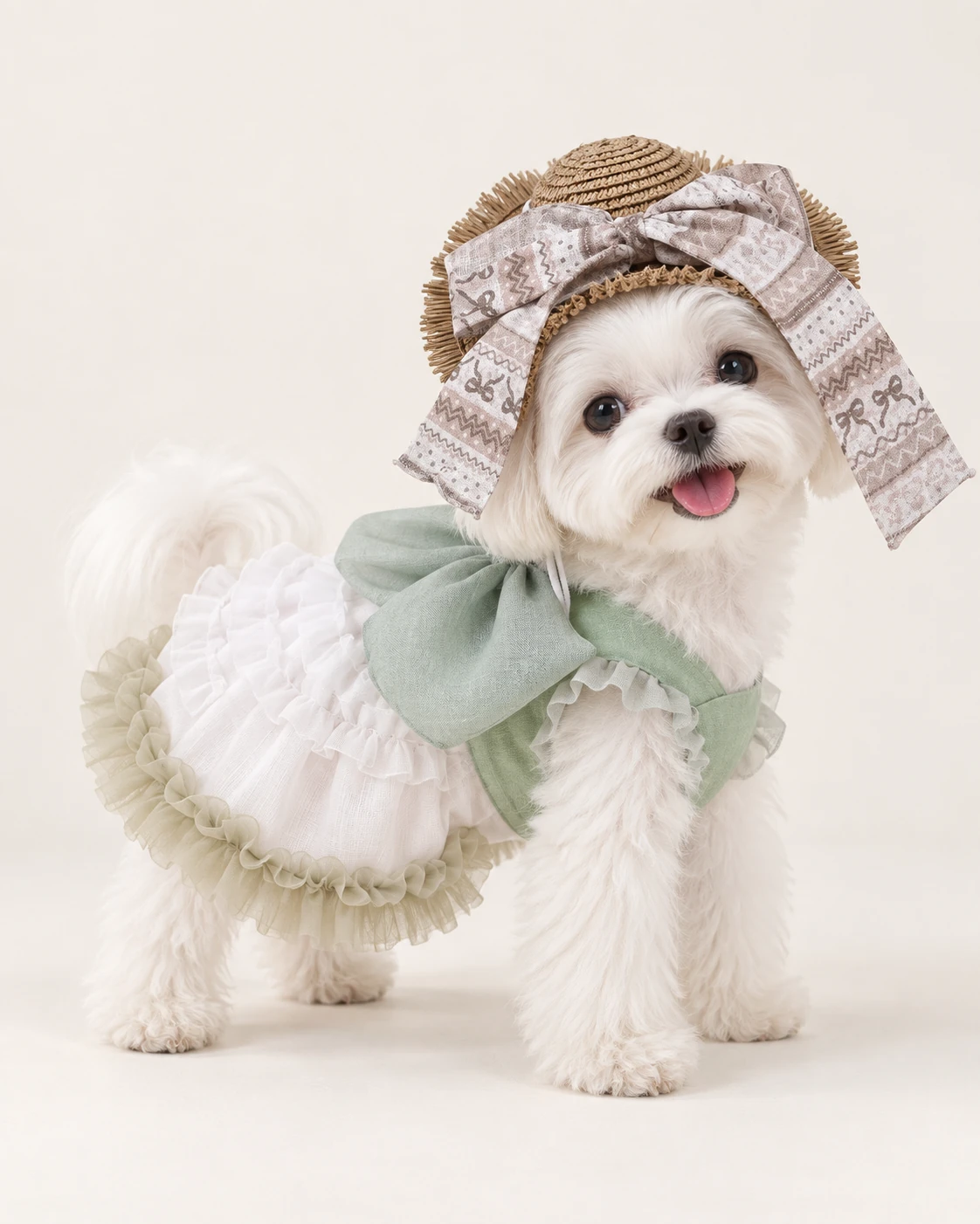 White dog in a green-and-white outfit with a gray-ribbon hat