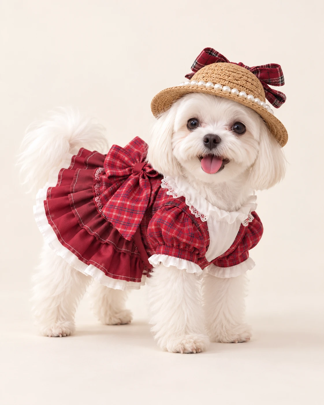 White dog in a red plaid outfit and matching bow-trimmed hat