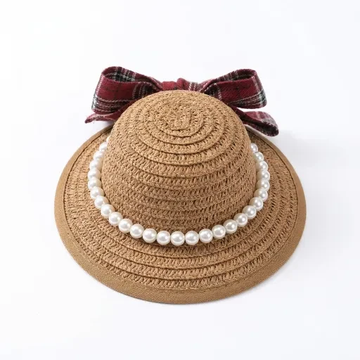 Brown pet hat with a red plaid bow