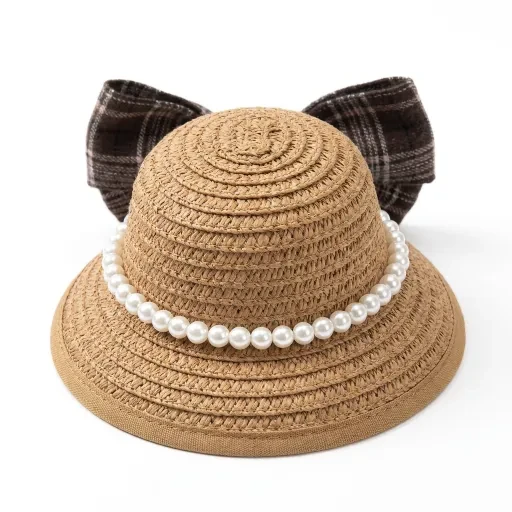 Brown hat with a dark plaid bow