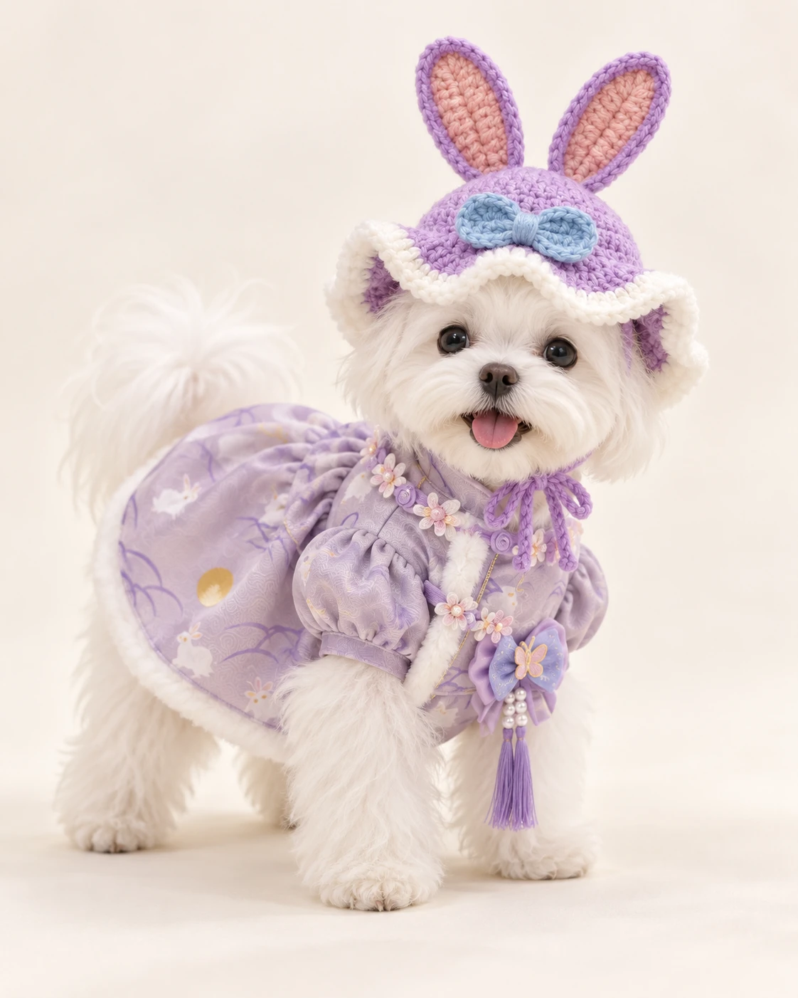 White dog in a bunny-ear hat and purple outfit