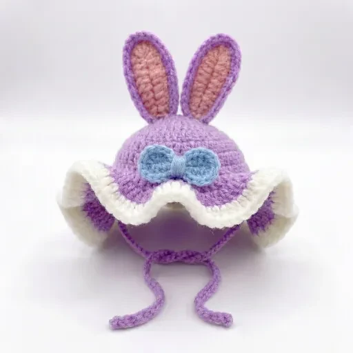 Purple bunny hat with a bow and white edging