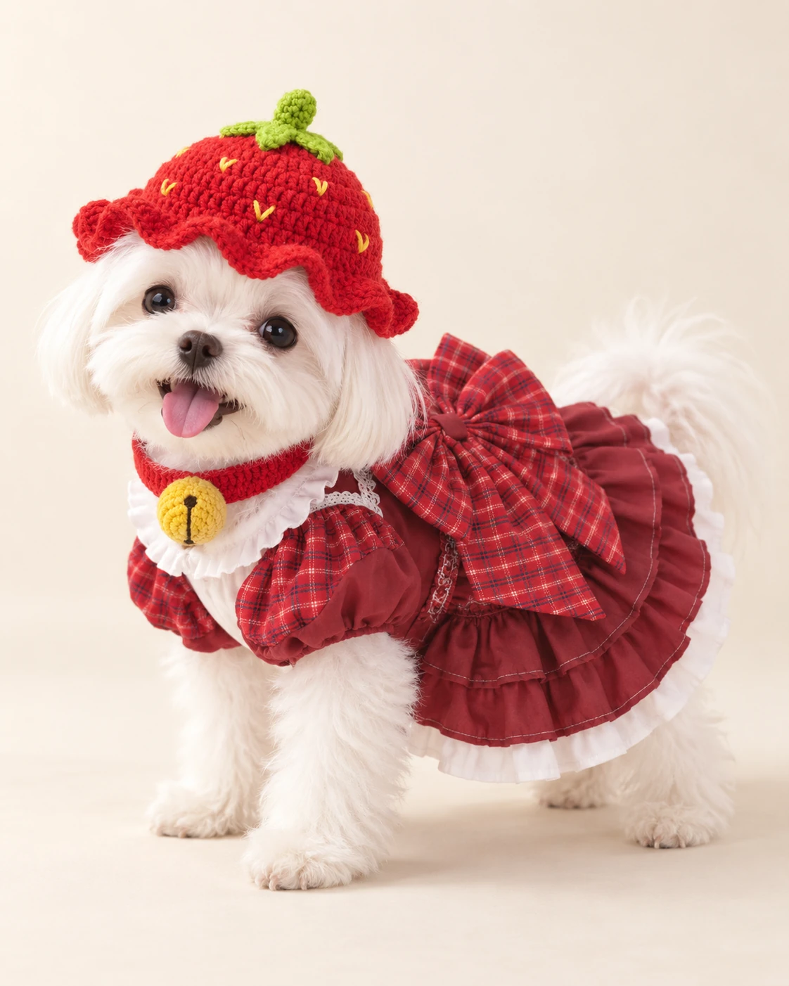 White dog in a strawberry-motif hat and red plaid outfit
