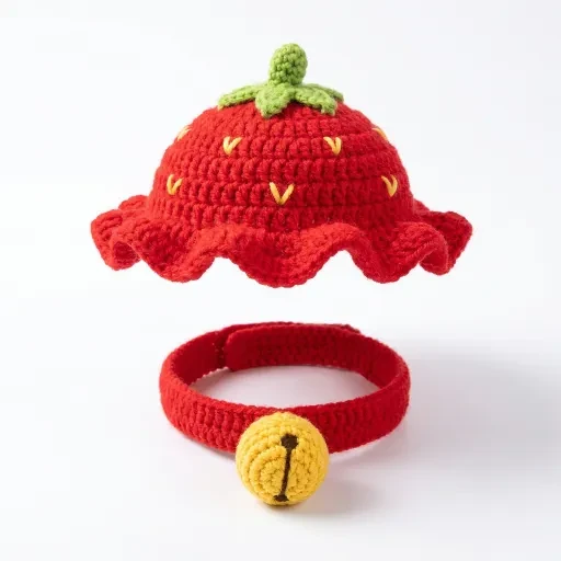 Red strawberry hat shown with a ring-shaped accessory and bell decoration