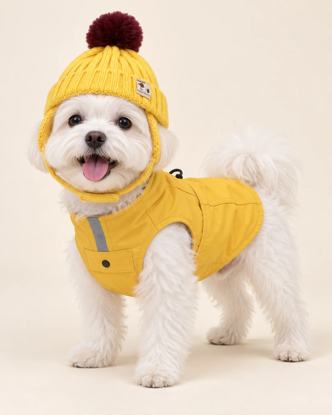 White dog in a yellow pom-pom hat and yellow outfit