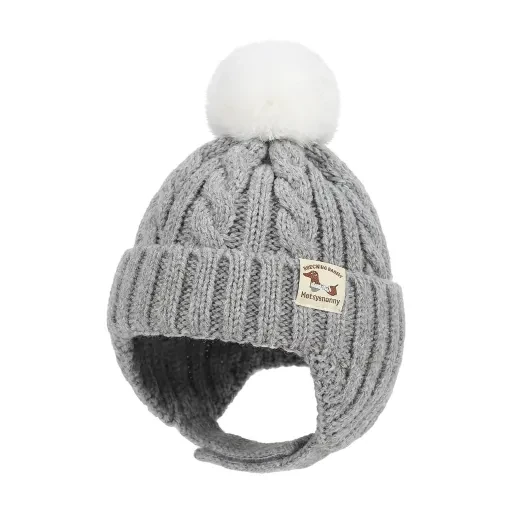 Gray knit-style hat with a white pom-pom
