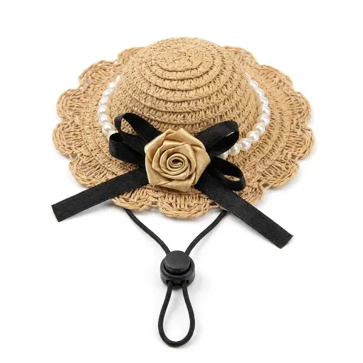 Brown hat with a black ribbon and pale rose decoration
