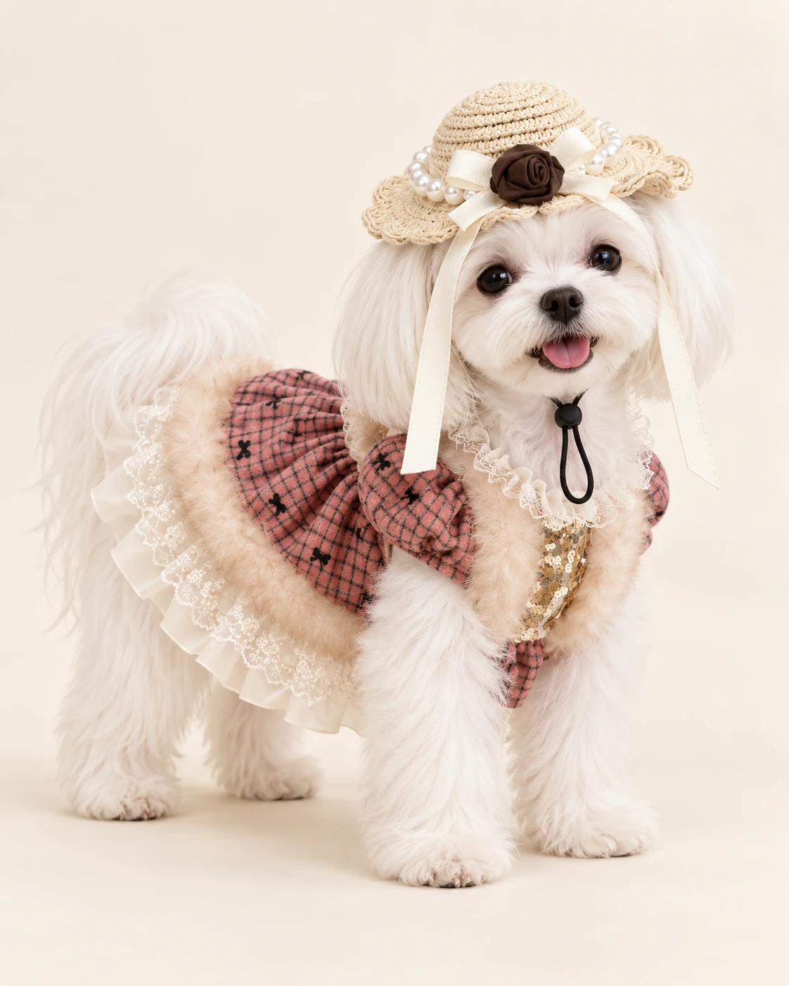 White dog in a pale rose-bow hat and plaid outfit